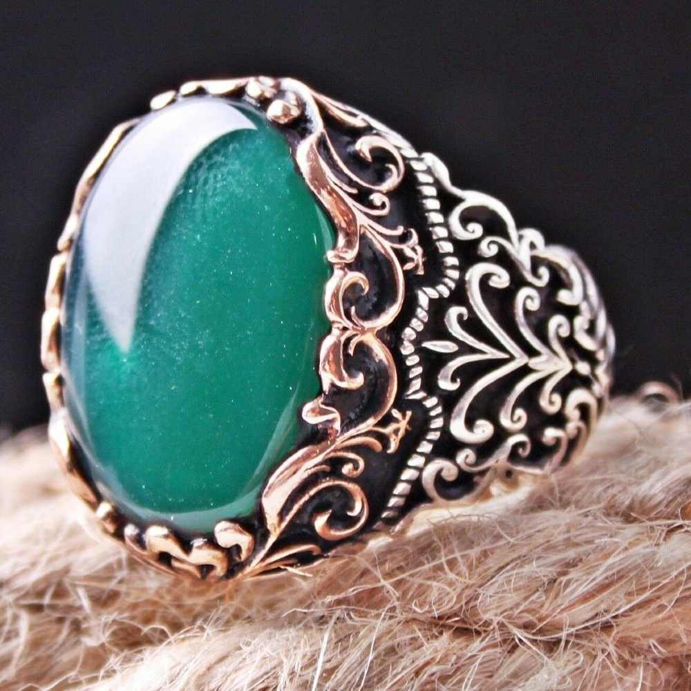 Most Popular Green Agate Style Silver Mens Ring Main image