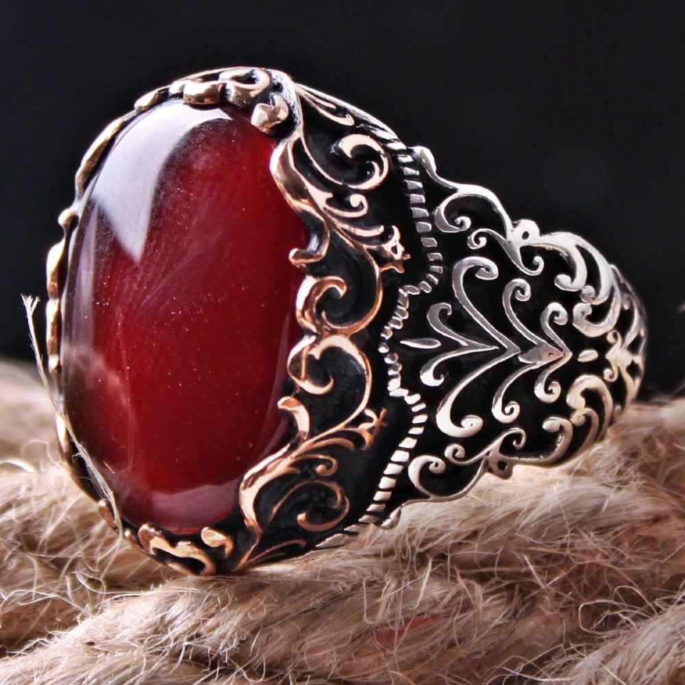 Most Popular Red Agate Style Silver Mens Ring Main image