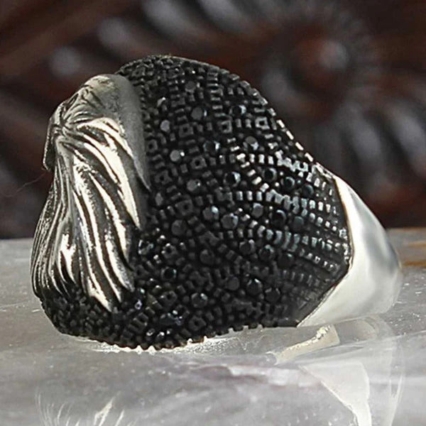 Multi Black Onyx Stone Eagle Style Silver Mens Ring