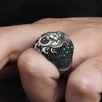 Multi Black Onyx Stone Lion Style Silver Mens Ring Secondary image