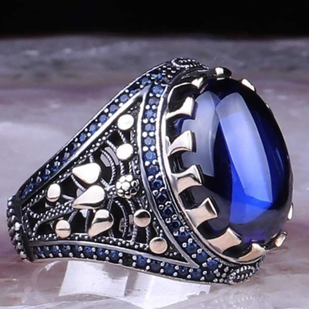 Multi Small Sapphire Stones Heavy Silver Mens Ring Main image