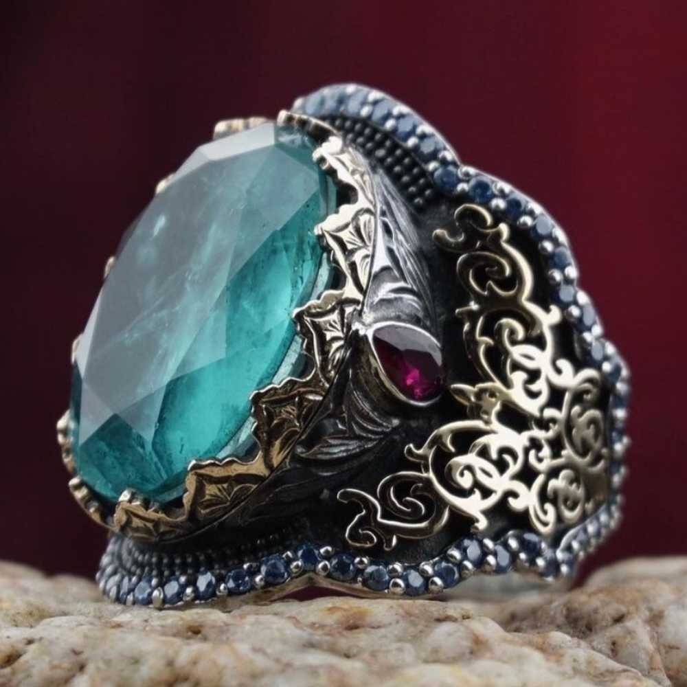 Multi Stone Luxury Green Tourmaline Stone 925 Silver Mens Ring Main image