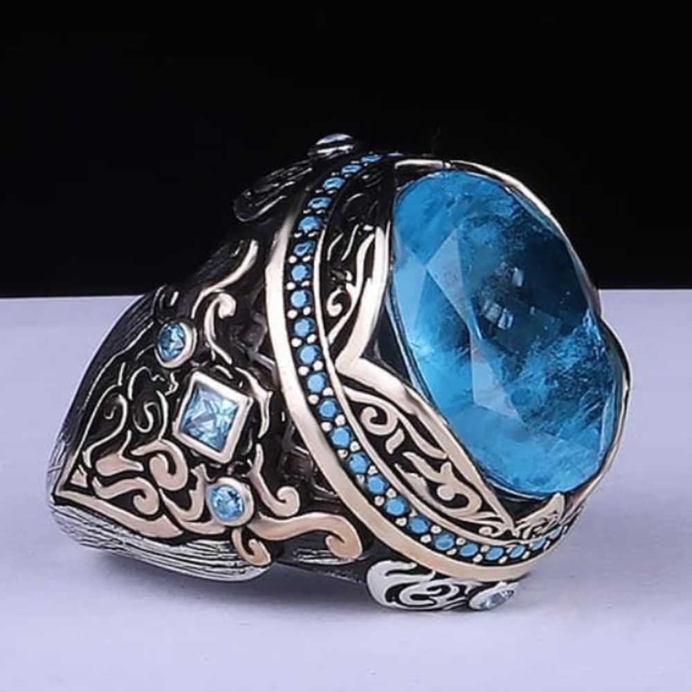 Natural Aquamarine Gemstone Silver Best Mens Ring Main image