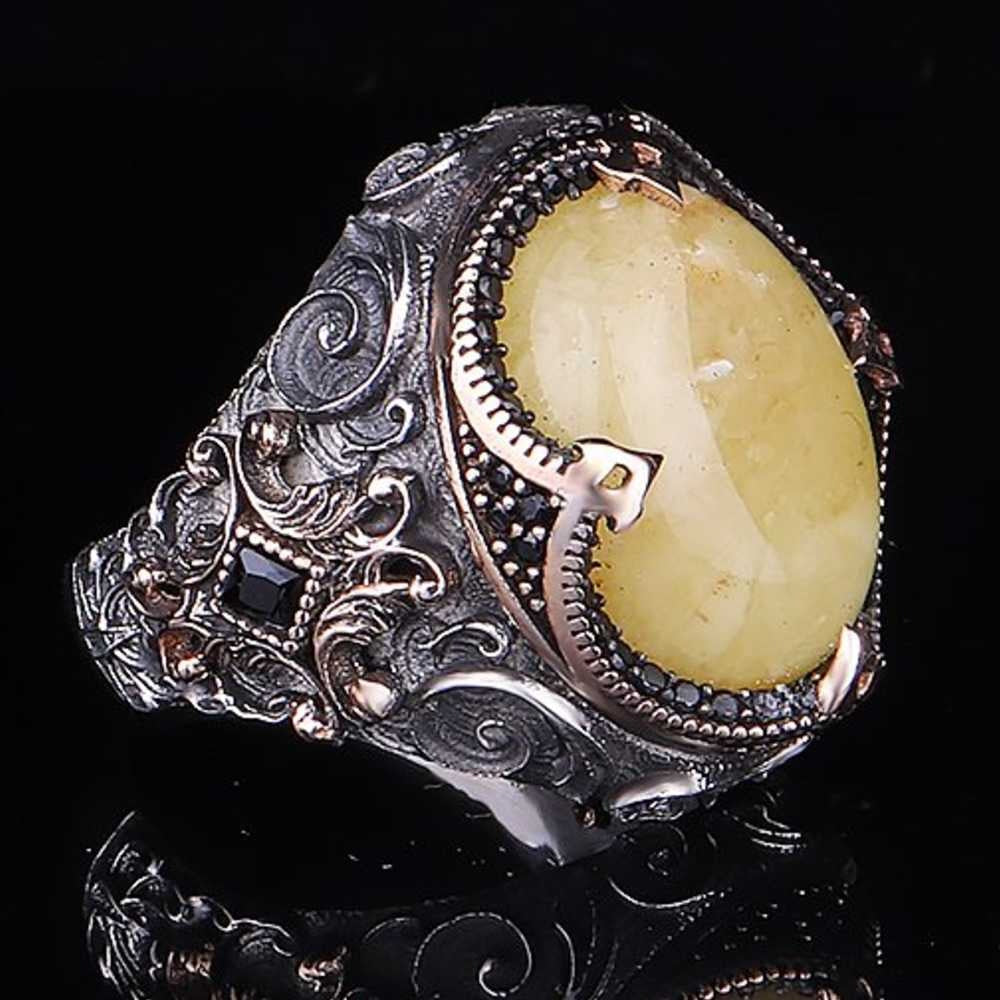 Natural Drop Amber Stone Silver Mens Ring Main image