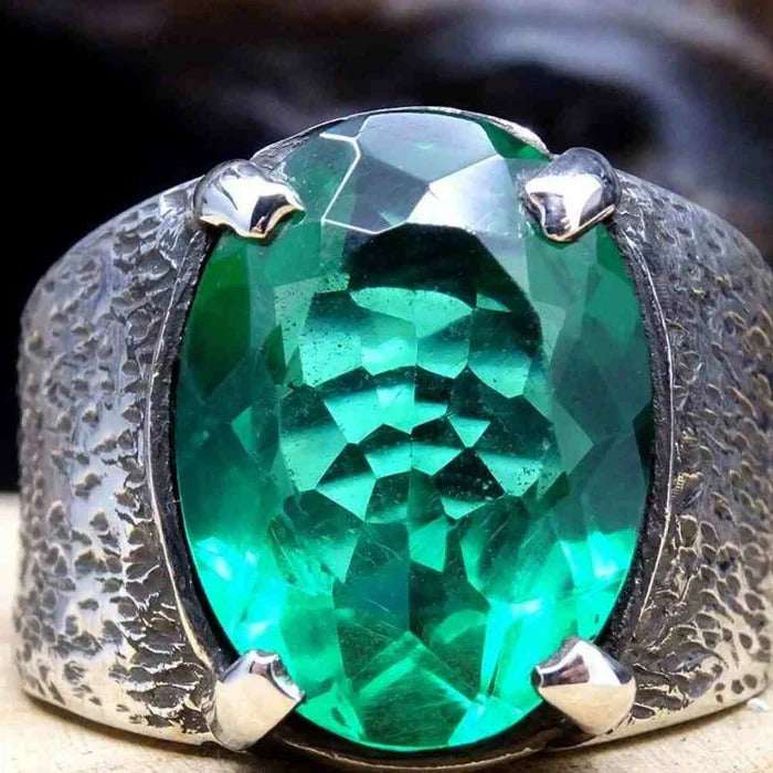 Natural Emerald Excellent Cut Silver Handmade Mens Ring Main image