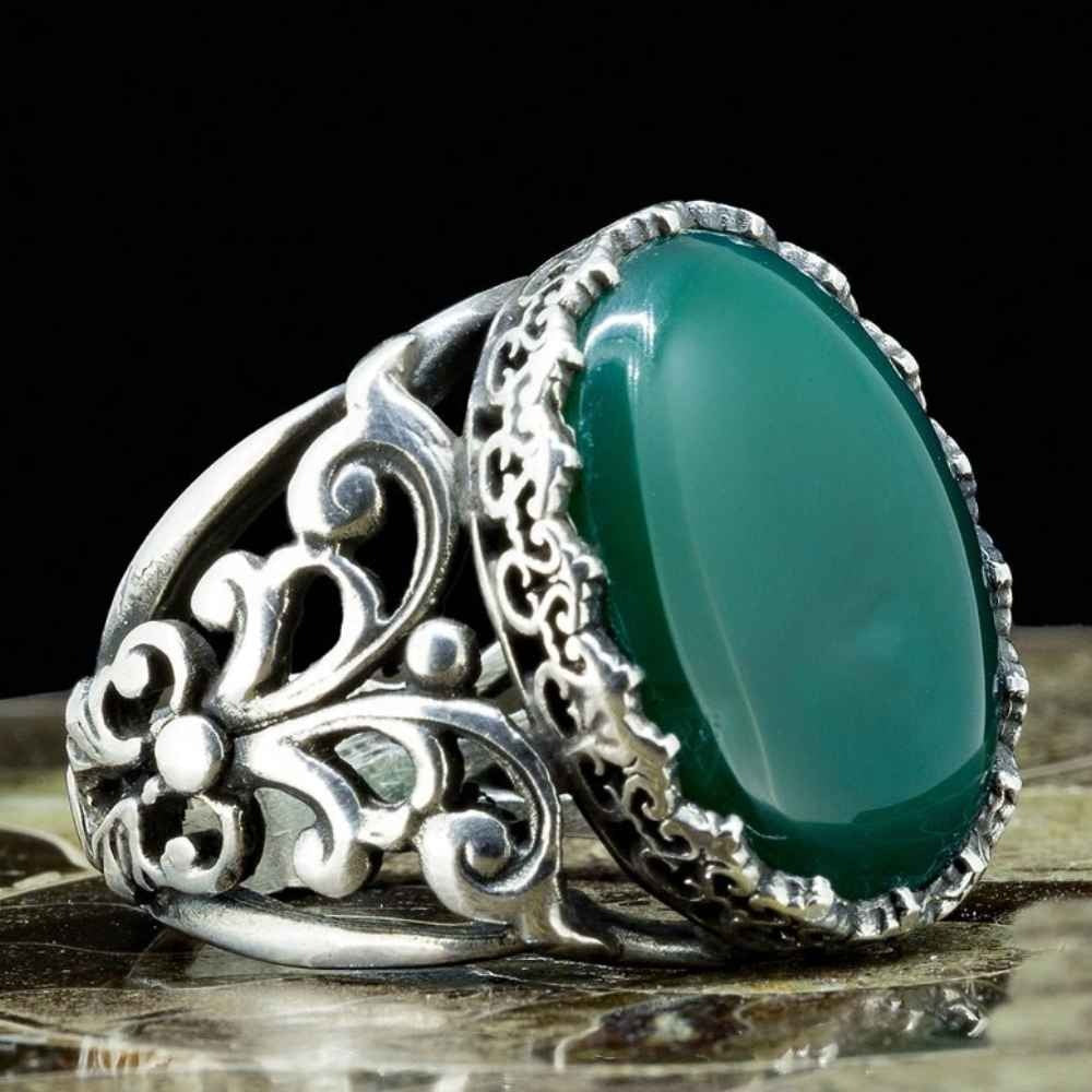 Natural Green Agate Silver Vintage Mens Ring Main image