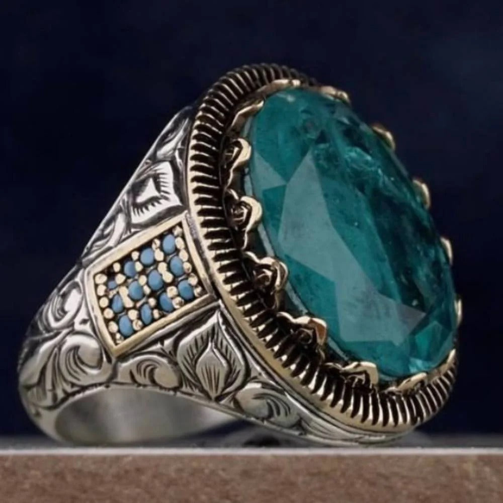 Natural Green Tourmaline Stone 925 Silver Hand Engraved Mens Ring