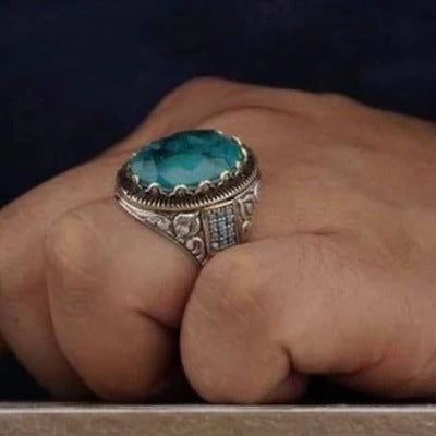 Natural Green Tourmaline Stone 925 Silver Hand Engraved Mens Ring Secondary image