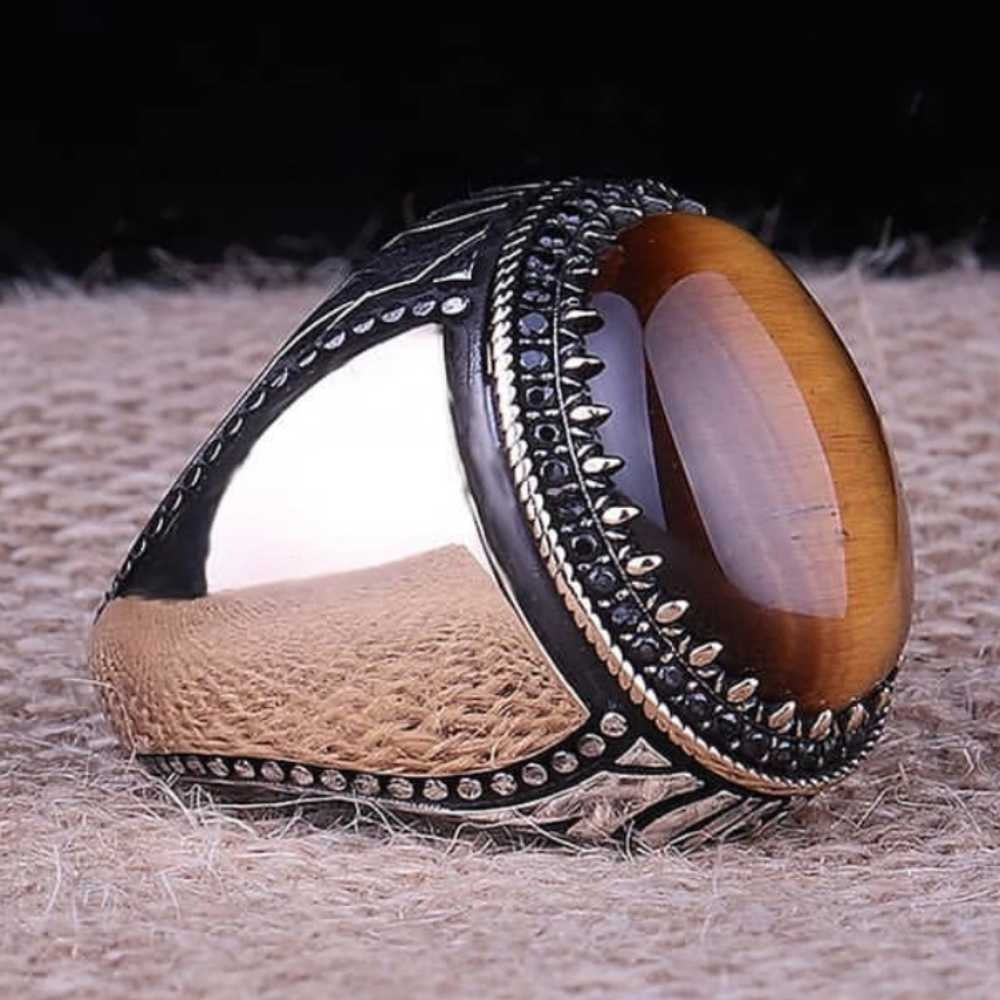 Natural Oval Brown Tigers Eye Stone Handmade Mens Ring Main image