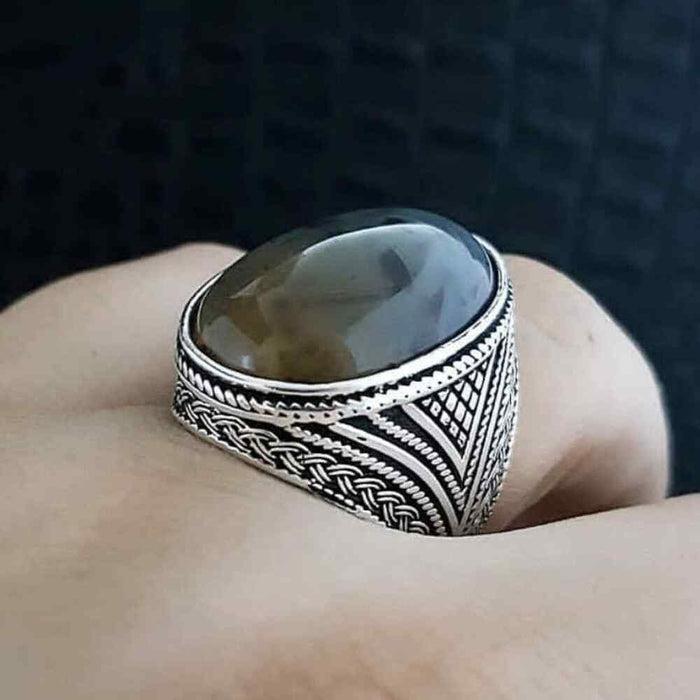 Natural Oval Yemeni Agate Stone Silver Mens Ring Secondary image