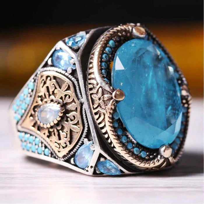 Natural Paraiba Tourmaline Stone Silver Mens Ring Main image