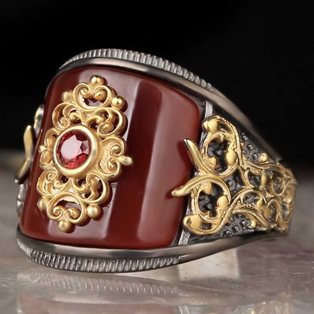 Original Red Agate Aqeeq Silver Handmade Mens Ring Main image