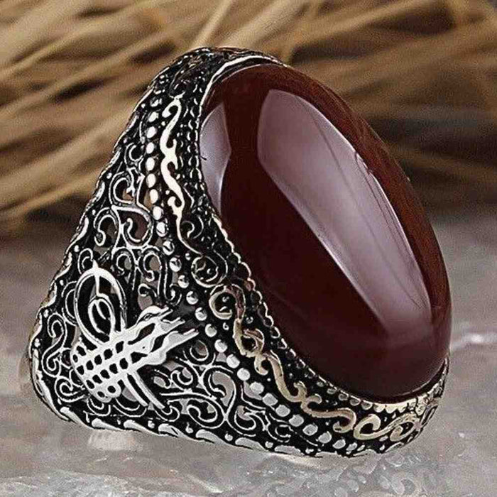 Ottoman Tughra Silver Agate Aqeeq Mens Ring Main image