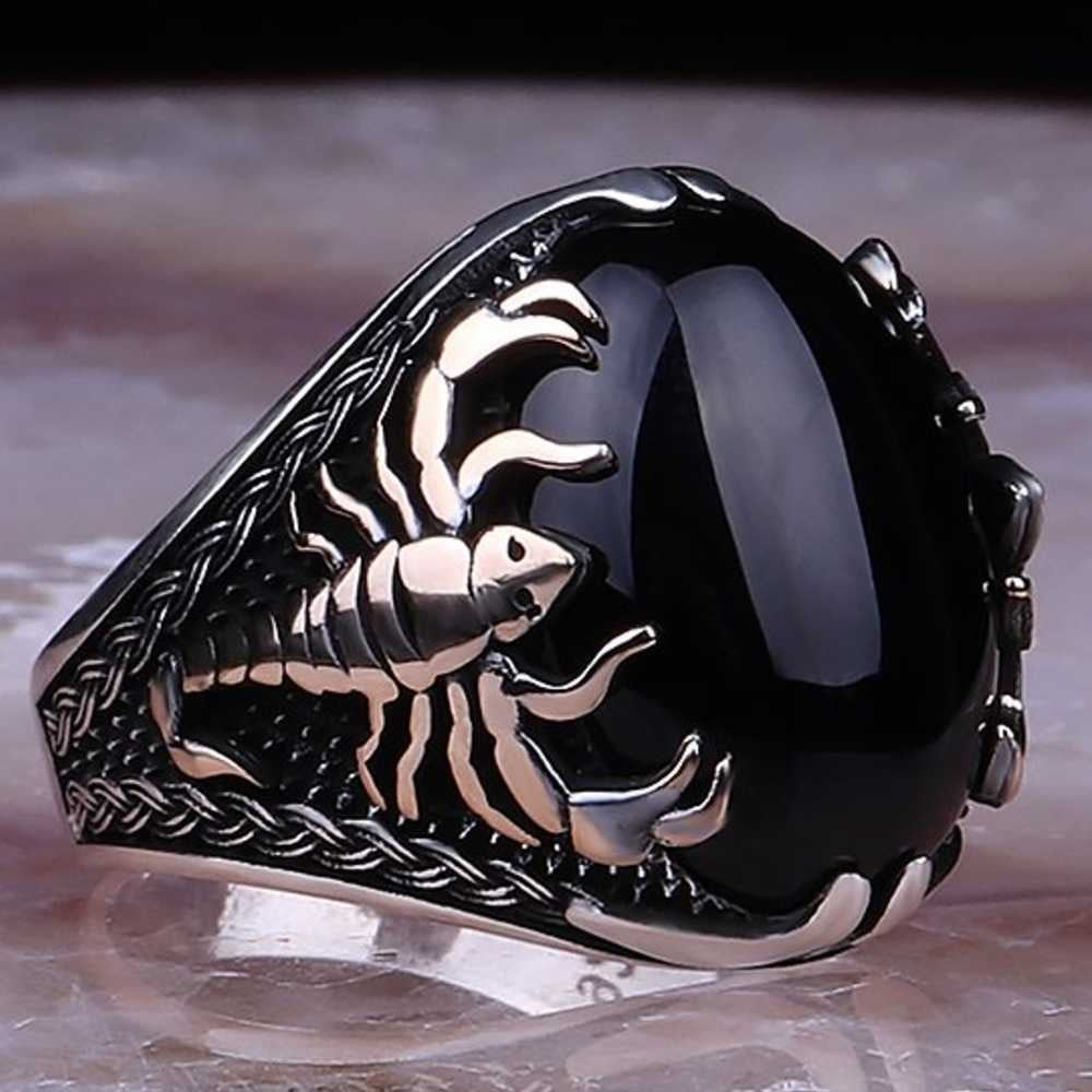 Oval Onyx Stone Scorpion Style Silver Mens Ring Main image