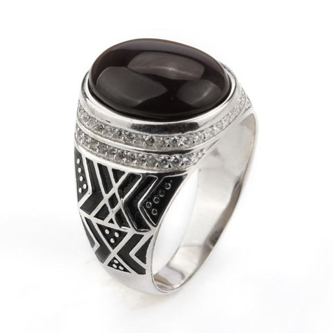 Silver with Dark Brown Agate Stone with Clear CZ Men Ring NS3 IS2 IS1 VAL1 Main image