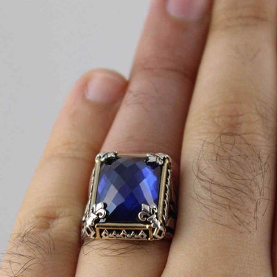 aid Faceted Sapphire Stone Luxury Silver Mens Ring Secondary image