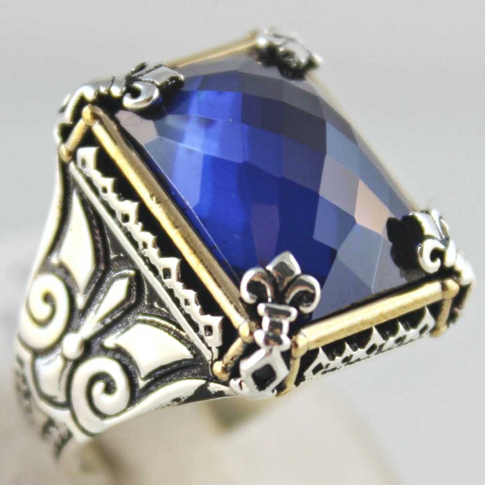 aid Faceted Sapphire Stone Luxury Silver Mens Ring Main image