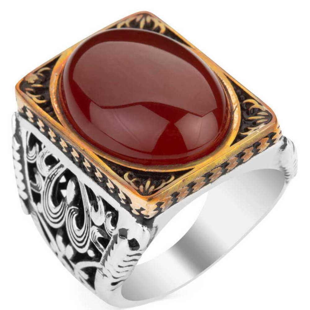 Rectangular Heavy Silver Agate Stone Mens Ring Main image