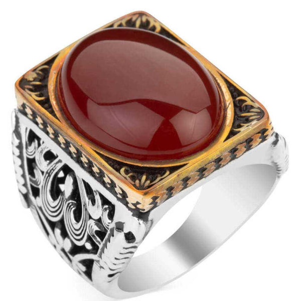 Rectangular Heavy Silver Agate Stone Mens Ring