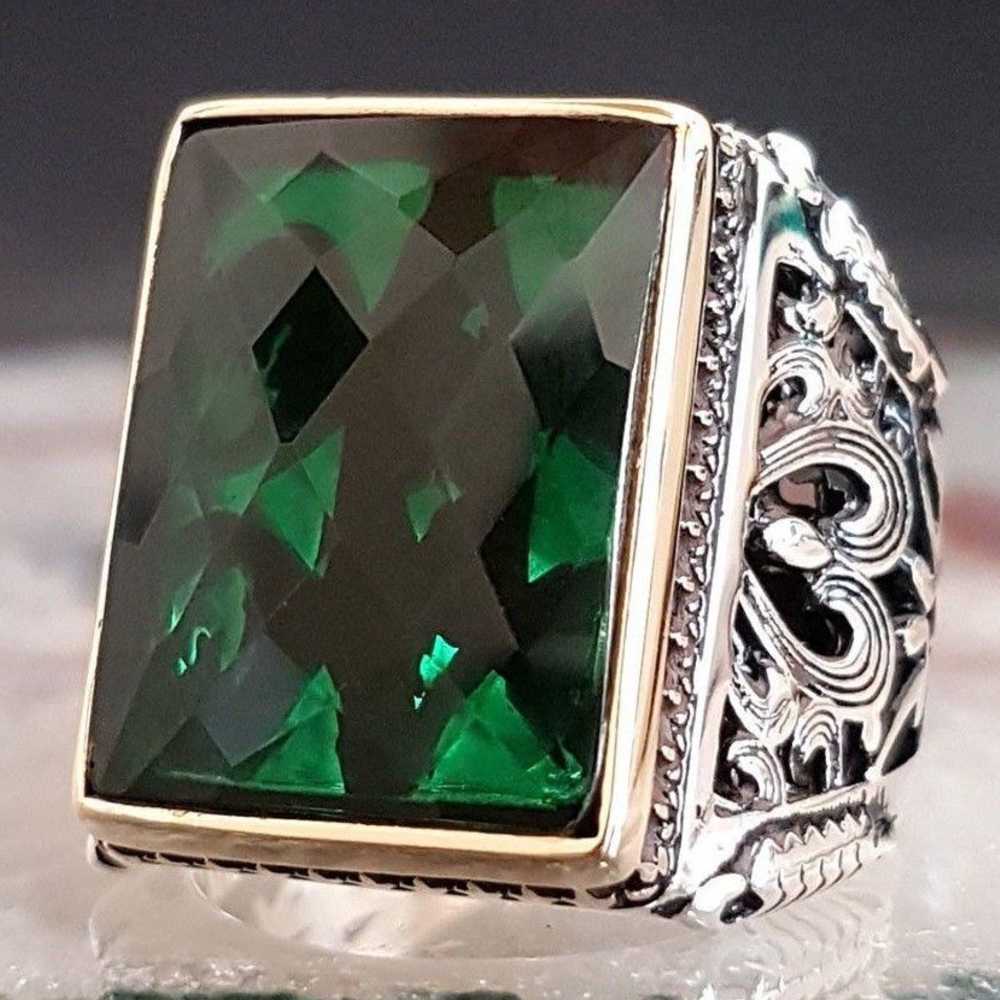 Rectangular Solid Silver Emerald Stone Heavy Mens Ring Main image