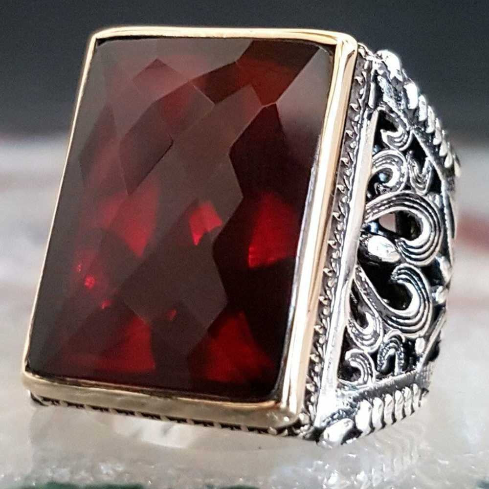 Rectangular Solid Silver Ruby Stone Heavy Mens Ring Main image