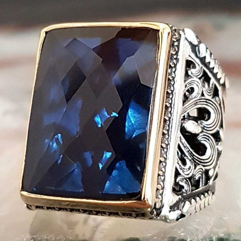 Rectangular Solid Silver Sapphire Stone Heavy Mens Ring Main image