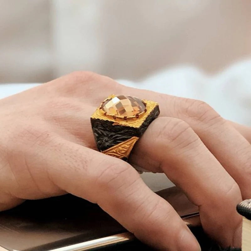 Rhodium Silver Citrine Stone Mens Ring Secondary image