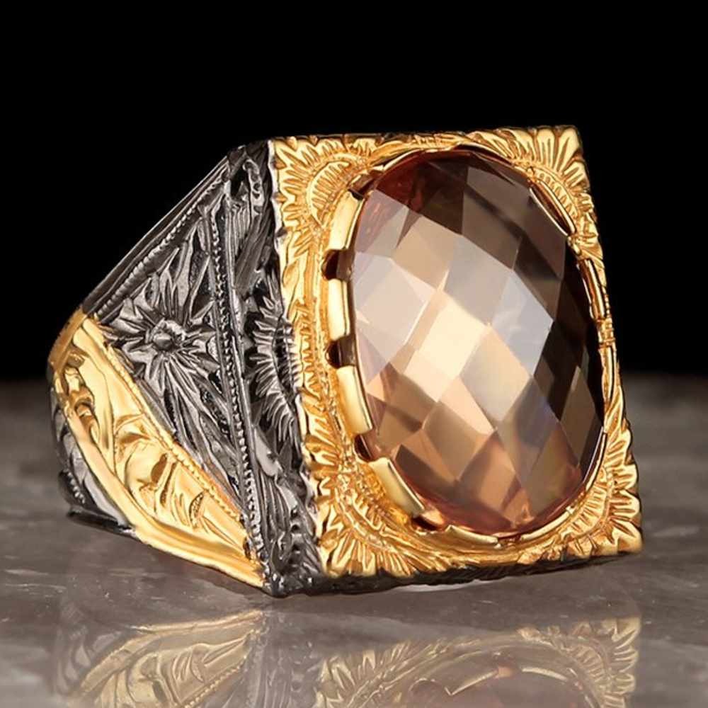 Rhodium Silver Citrine Stone Mens Ring Main image