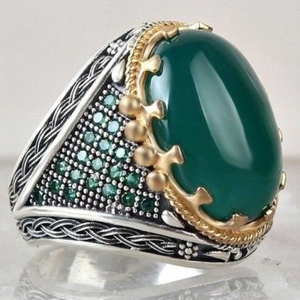 Round Multi Emerald Stone Silver Handmade Mens Ring Main image