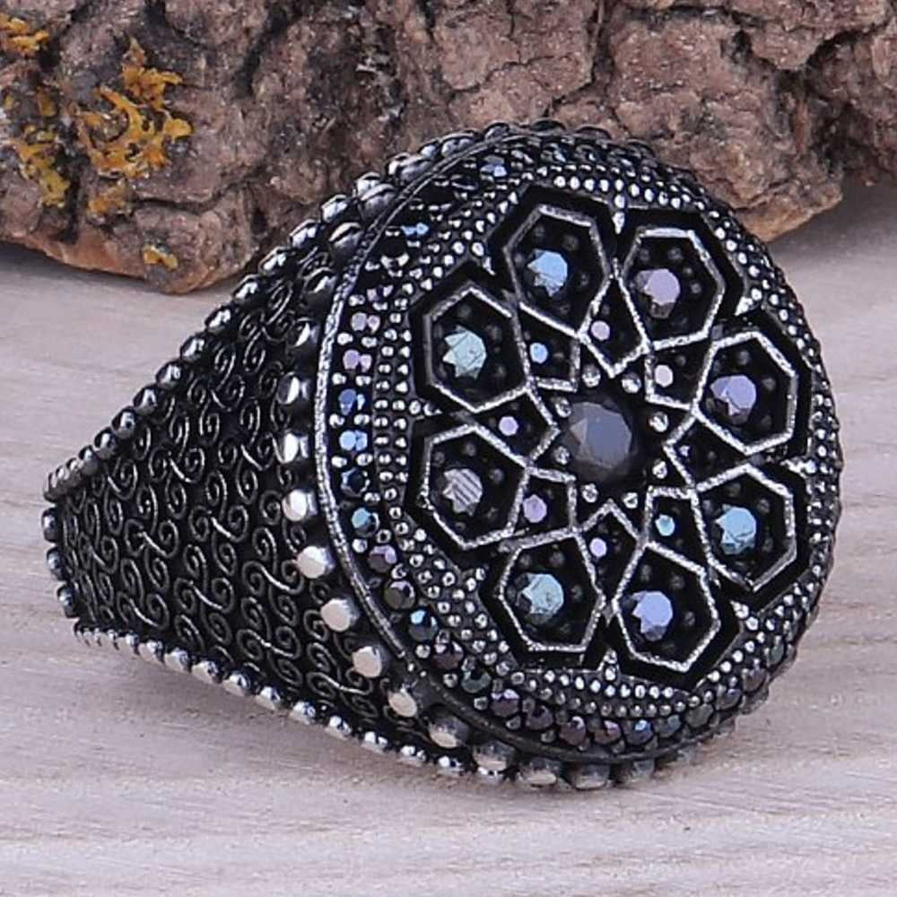 Round Small Multi Onyx Stones Silver Mens Ring Main image