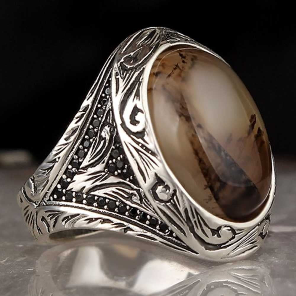 Royal Silver Natural Yemeni Agate Stone Mens Ring Main image