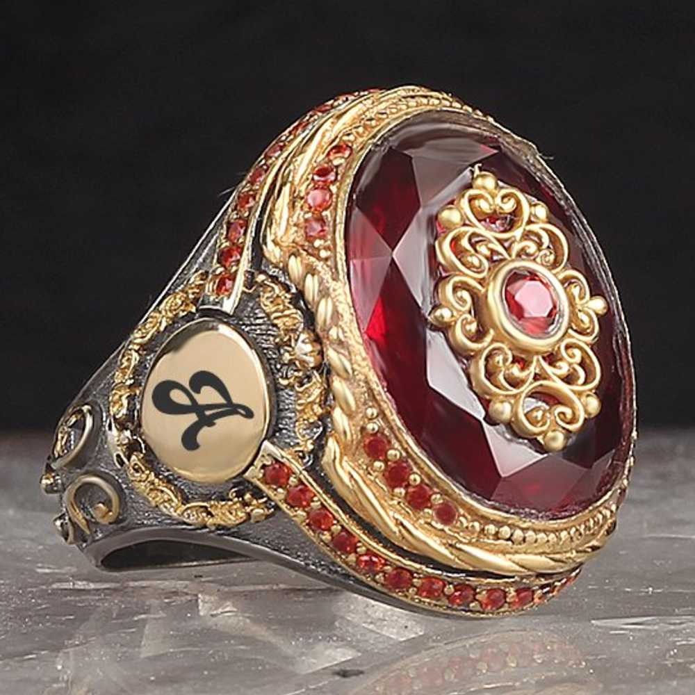 Ruby Stone Customizable Two Letter Silver Mens Ring Main image