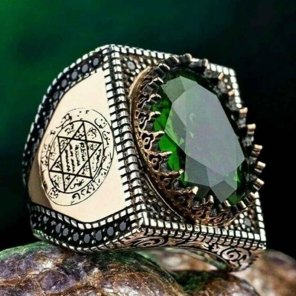 Seal of Solomon Heavy Emerald Silver Islamic Mens Ring Main image