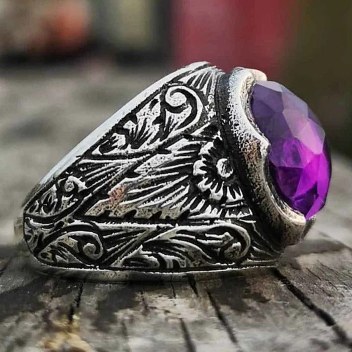 Shiny Amethyst Stone Silver Luxury Mens Ring Secondary image