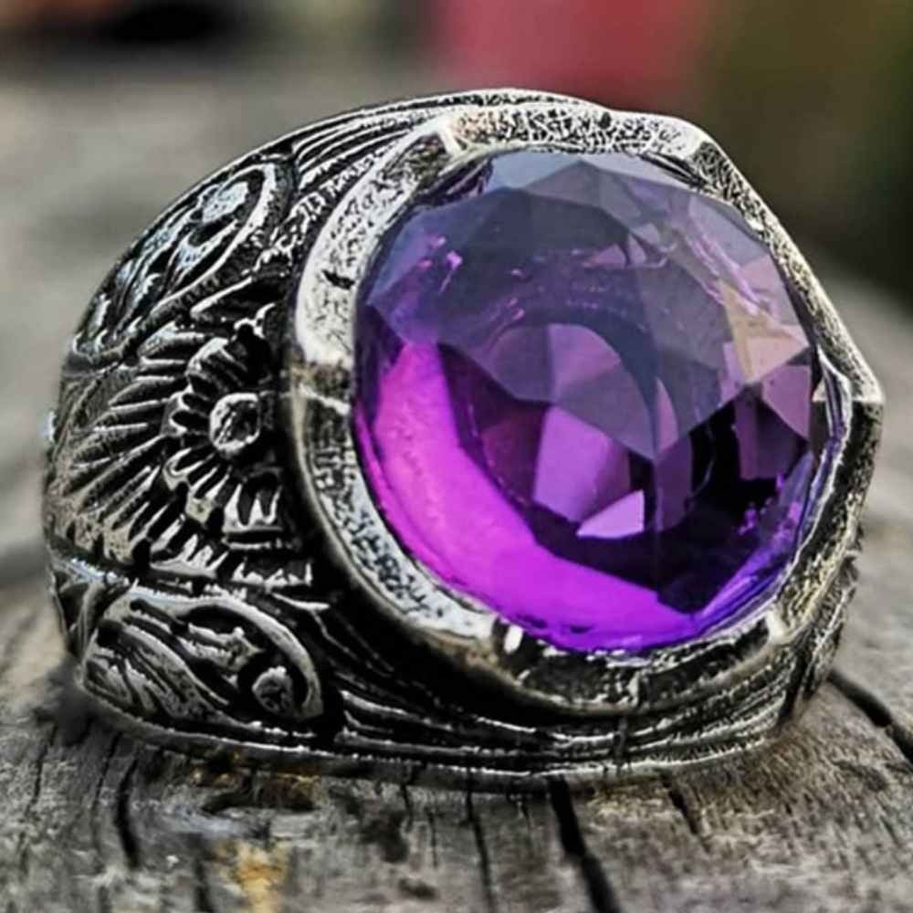 Shiny Amethyst Stone Silver Luxury Mens Ring Main image