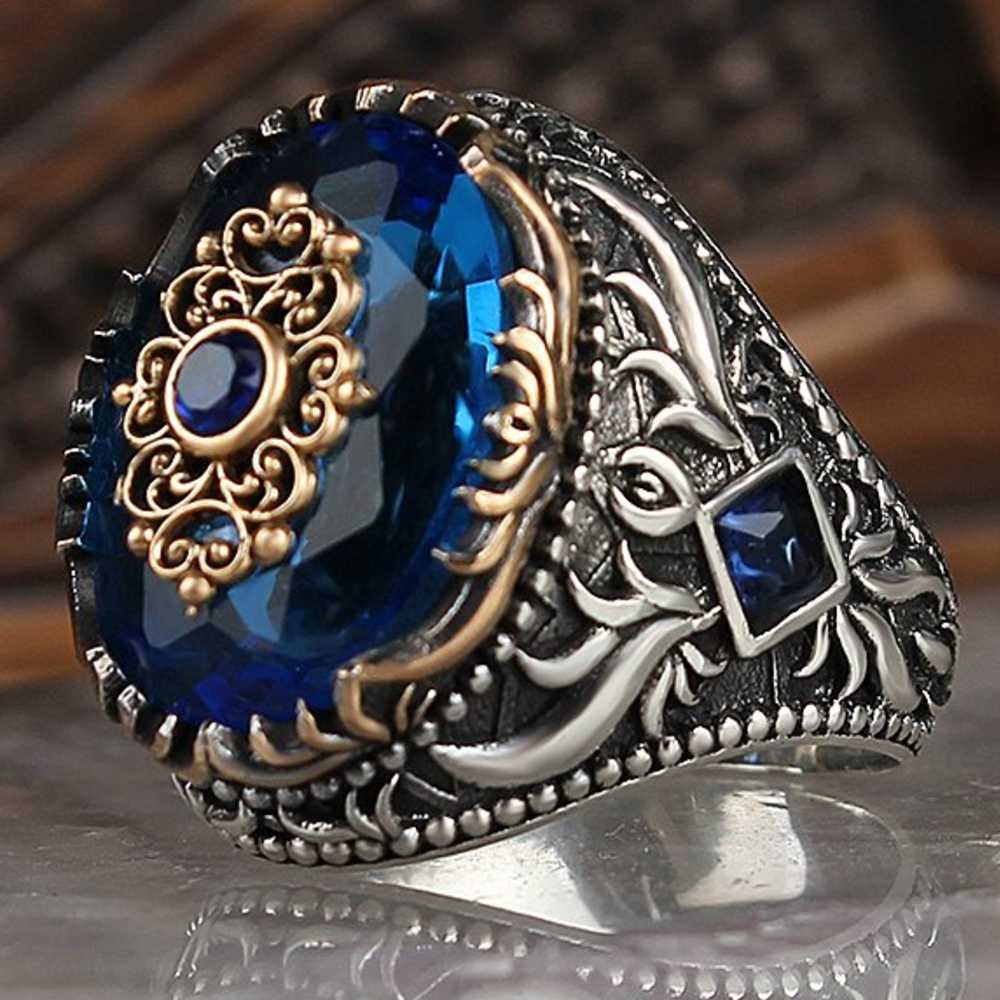 Special Aquamarine Luxury Cut Stone Silver Mens Ring Main image