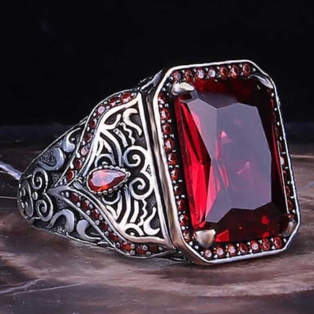 Stylish Red Ruby Stone Silver Handmade Mens Ring Main image