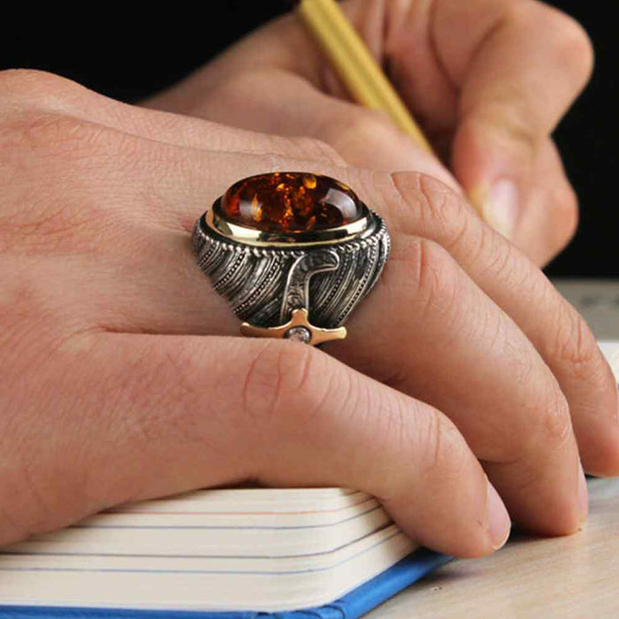 Sword Style Silver Amber Stone Heavy Mens Ring Secondary image