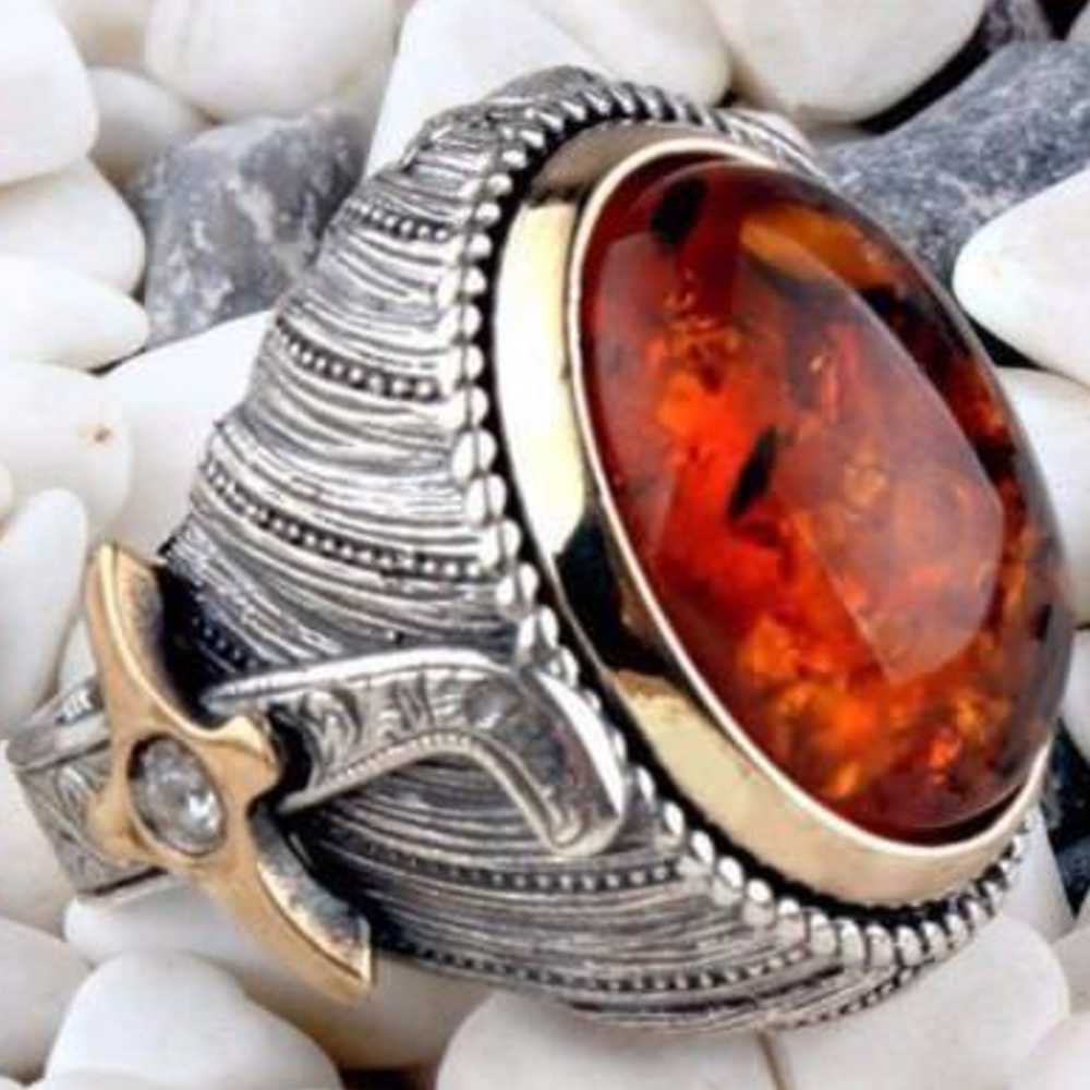 Sword Style Silver Amber Stone Heavy Mens Ring Main image