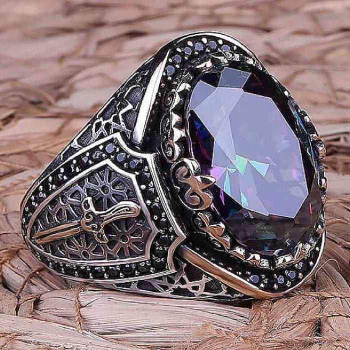 Sword Style Mystic Topaz Handmade Silver Mens Ring Main image