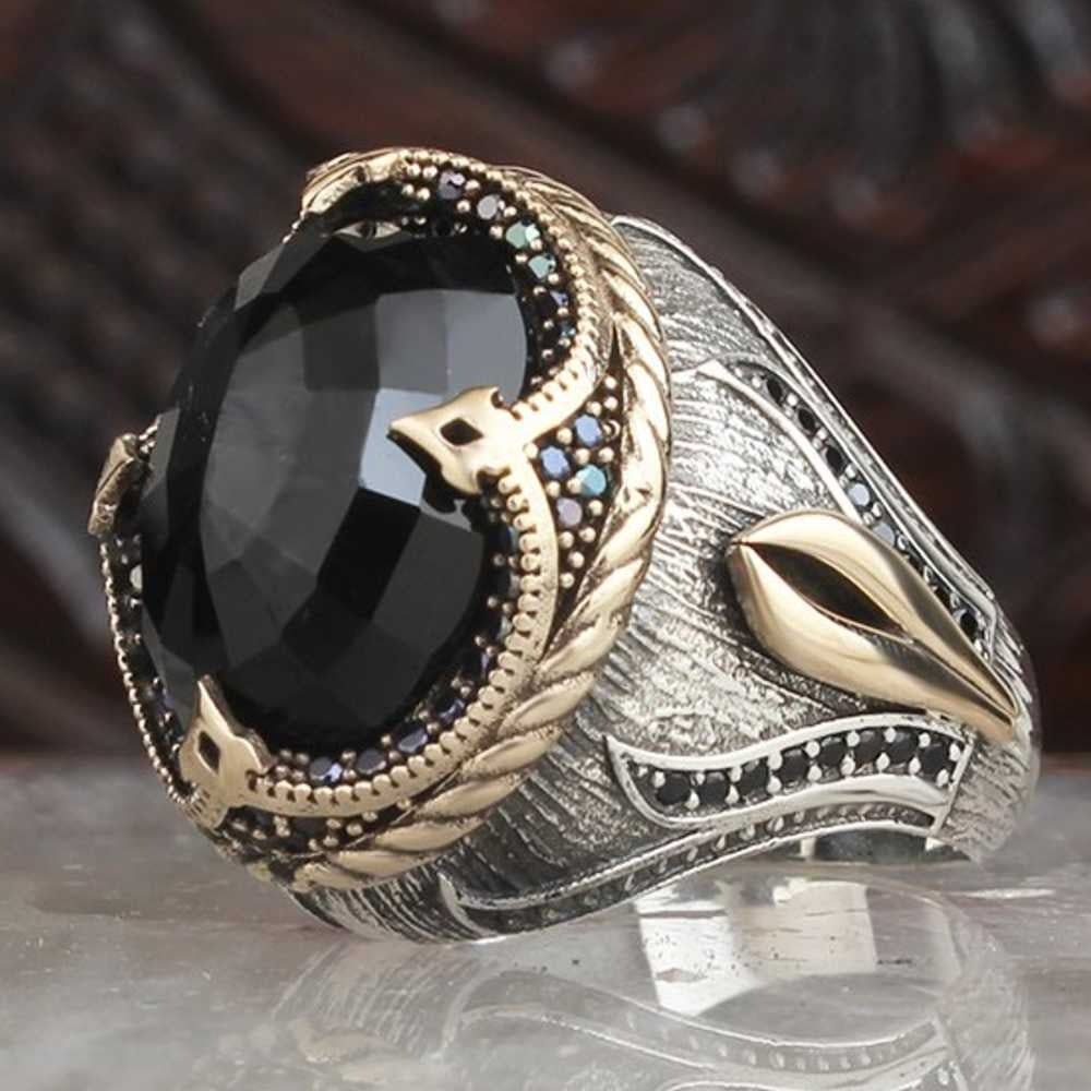 Tulip Design Silver Onyx Stone Mens Ring Main image