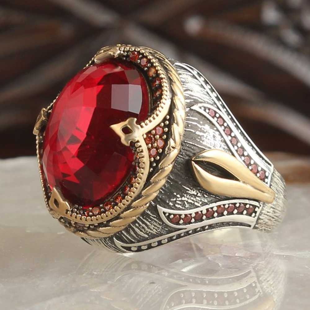 Tulip Design Silver Ruby Stone Mens Ring Main image