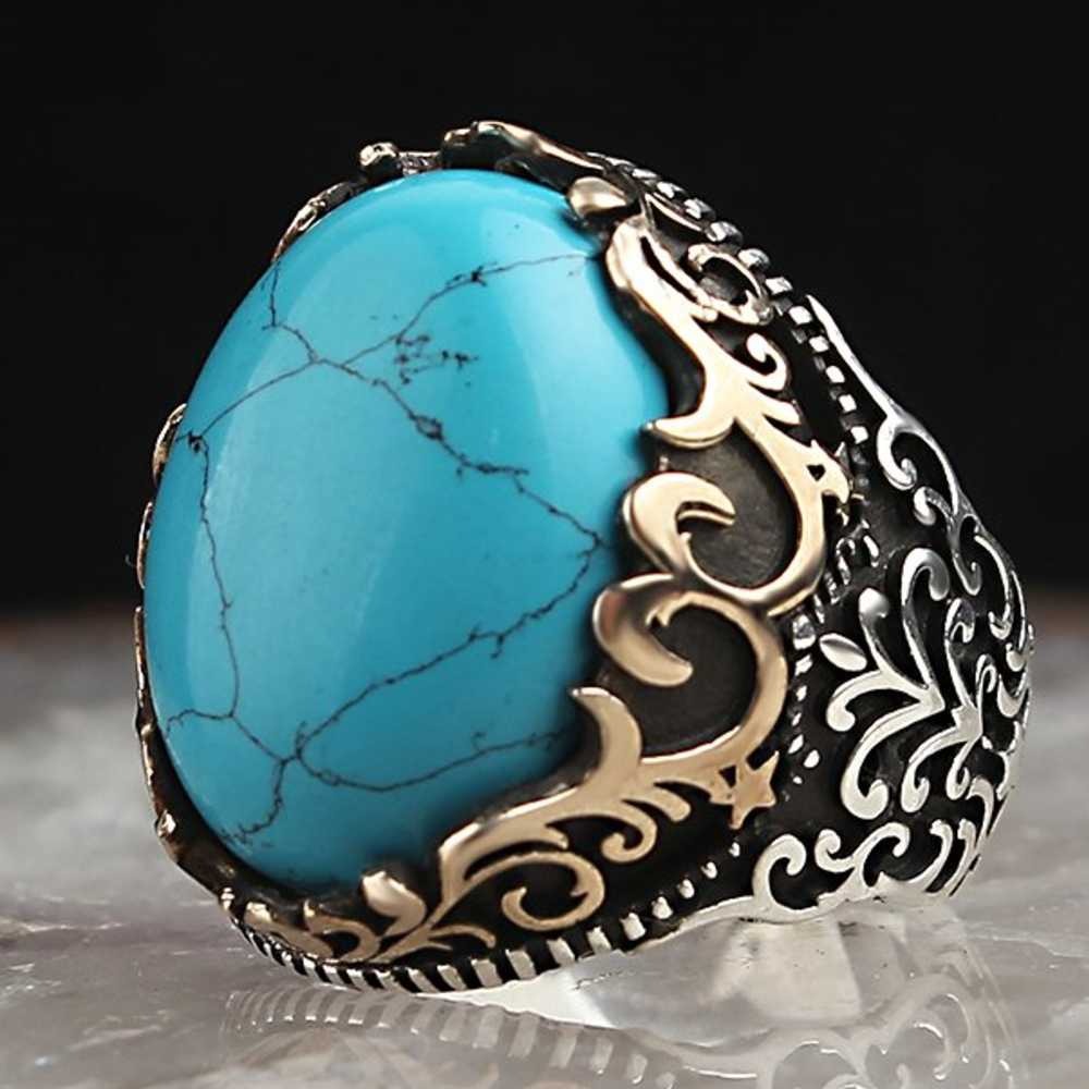 Veined Turquoise Stone Silver Blue Mens Ring Main image